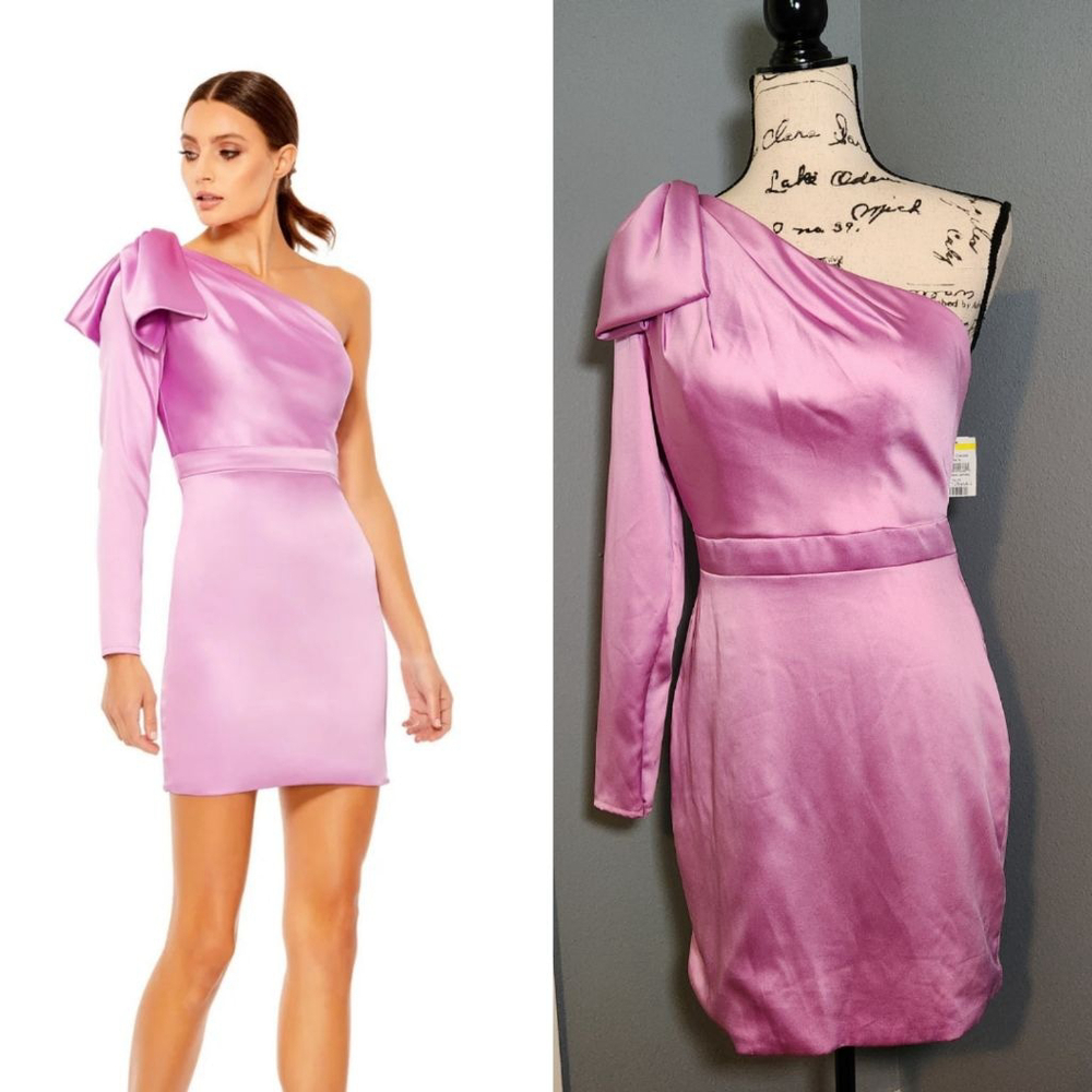 Ieena for Mac Duggal One Shoulder Orchid Satin Mini Dress
